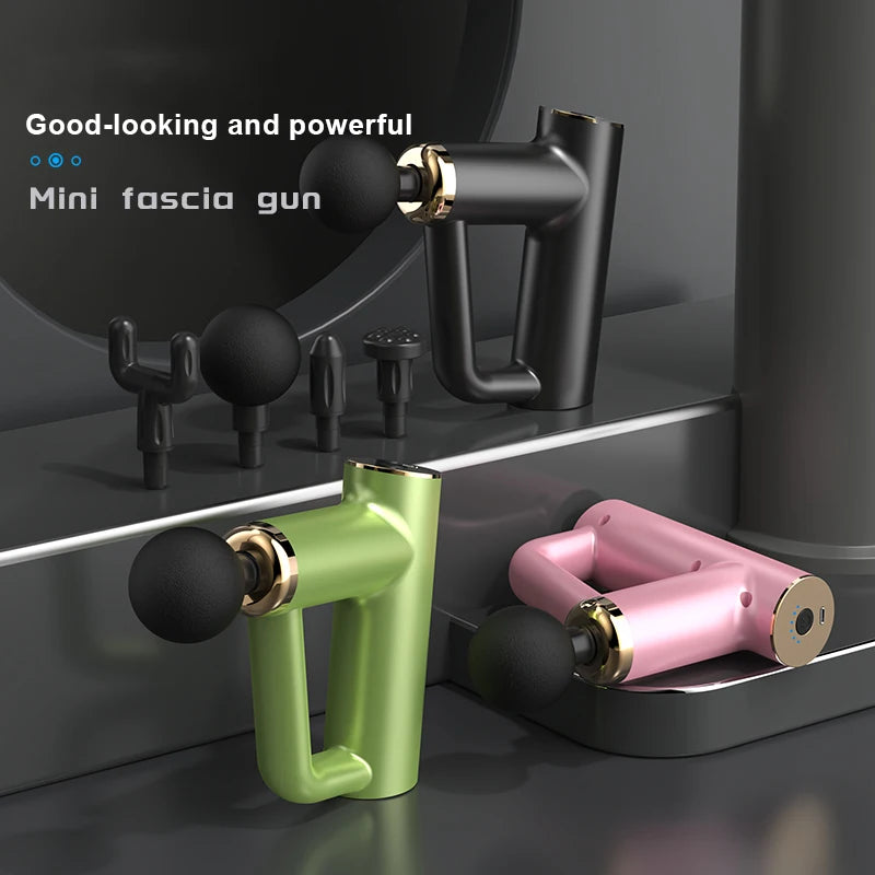 Mini masažinis pistoletas su 6 greičiais ir 4 galvutėmis